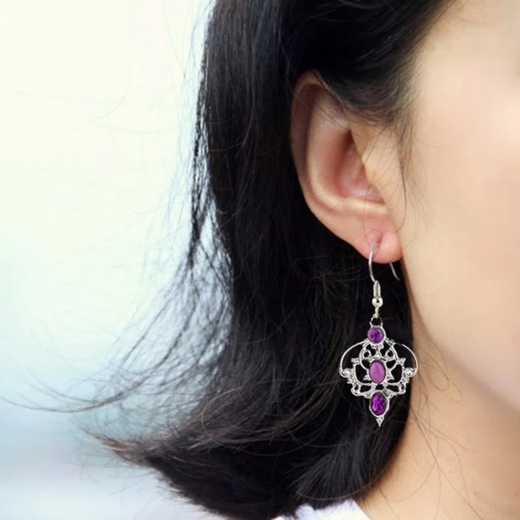 Earrings Purple Rhinestone East Indian Style Boho - Picture 3 of 6